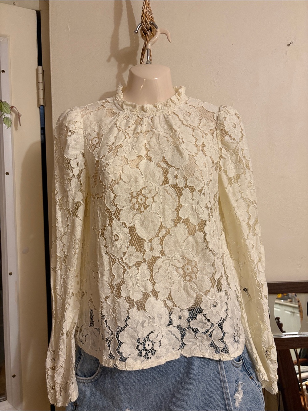 Anthropologie Cream Floral Lace Ruffled-Neck Blouse